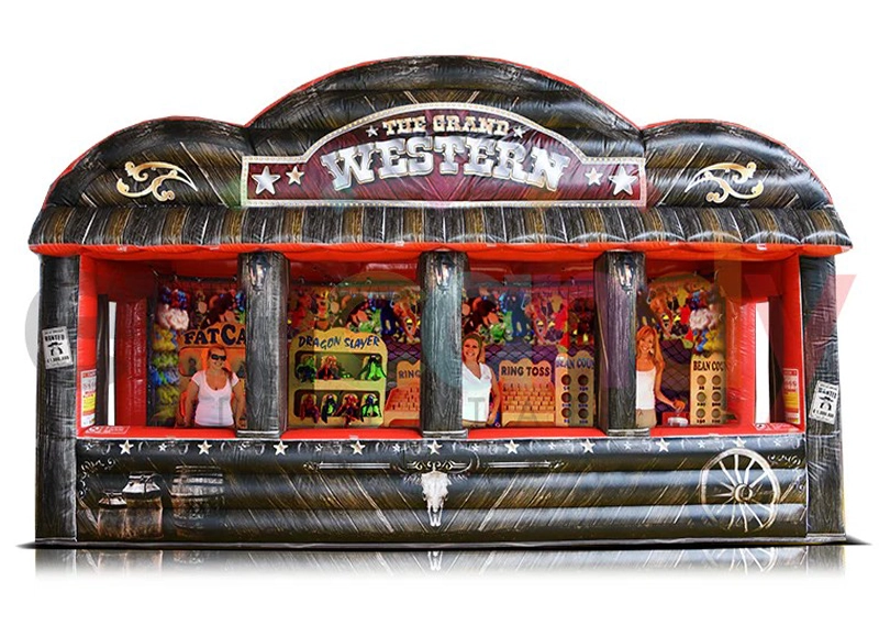 Inflatable Grand Western Saloon rental set up beside a mechanical bull at an event